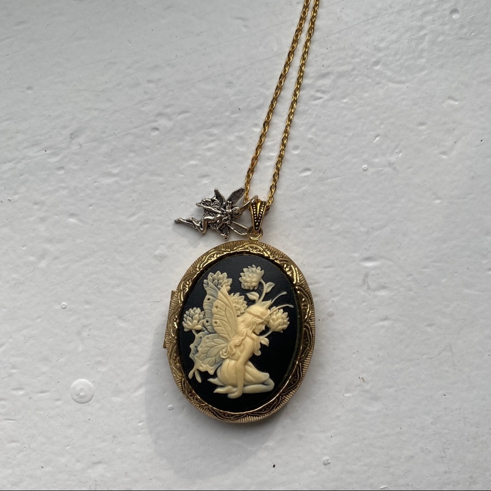 Black and white cameo fairy locket necklace